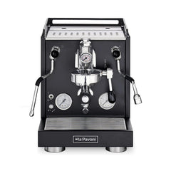 A La Pavoni Cellini Evolution semi-professional espresso machine with a glossy black finish and a digital pressure gauge. www.yourespressomachines.com