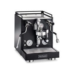 A La Pavoni Cellini Evolution semi-professional espresso machine with a glossy black finish and a digital pressure gauge. www.yourespressomachines.com