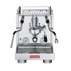 A La Pavoni Cellini Evolution semi-professional espresso machine with a glossy black finish and a digital pressure gauge. www.yourespressomachines.com
