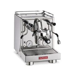 A La Pavoni Cellini Evolution semi-professional espresso machine with a glossy black finish and a digital pressure gauge. www.yourespressomachines.com